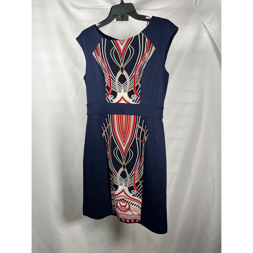 Studio One New York‎ Navy Blue Geometric Print Cap Sleeve Sheath Dress Size 10